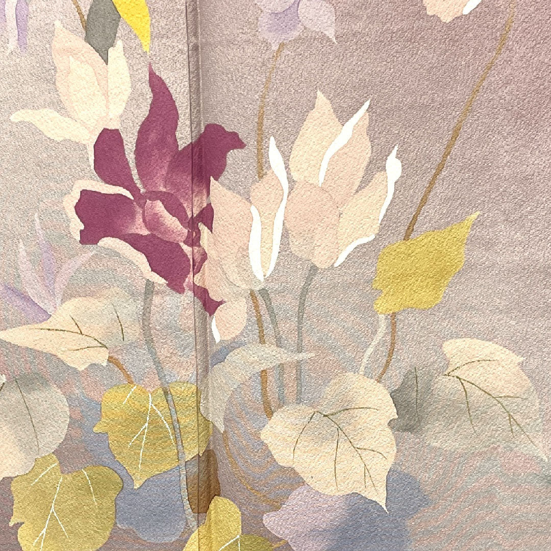 Homongi, lined, length 180.5cm, sleeve length 70cm, grape color, Kyoto Yuzen, abstract flower, pure silk, A rank, purple, 1112002643820