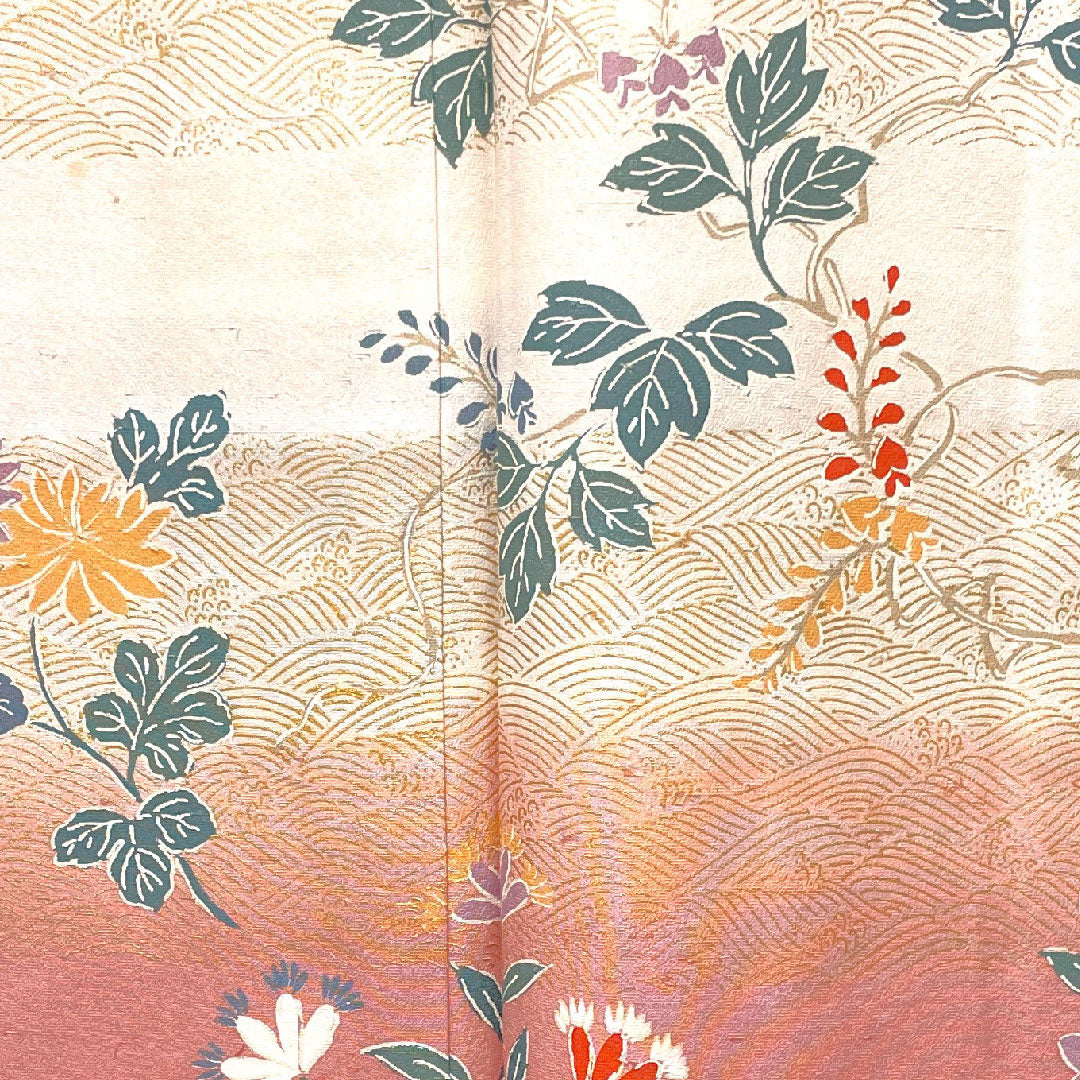 Homongi, pure silk, lined, length 155cm, sleeve length 65cm, milky white, pongee fabric, Kyoto yuzen, floral pattern, S rank, cream color, 1112003082315