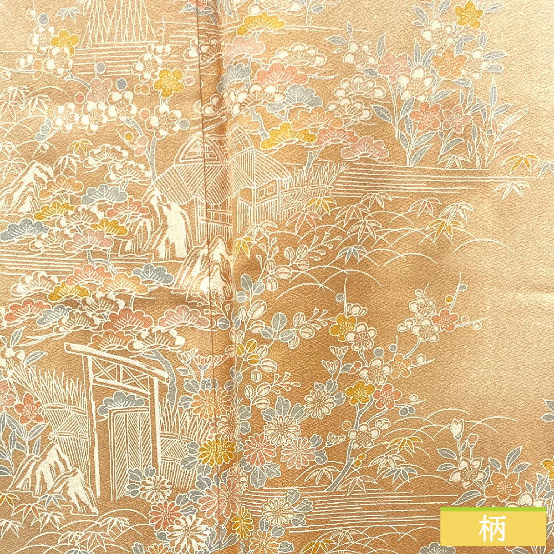 Homongi, pure silk, lined, length 164.5cm, sleeve length 66.5cm, light color, Kyo-Yuzen, floral pattern, Tango crepe, S rank, orange, 1112003502426