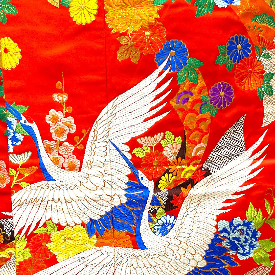 色打掛 身丈193cm 緋色 唐織 熨斗 鶴 正絹 Aランク 袷 朱系 1110000273916