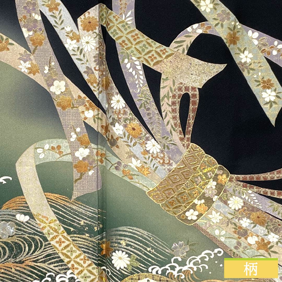 Black Tomesode (Tomesode) - Pure Silk, Grade A, Length 158.5cm, Sleeve Length 64cm, Lined, Gold-colored, Five Crests, Wisteria Design, Bundled Noshi, Five Crests, Black, Item Number 1111002043310