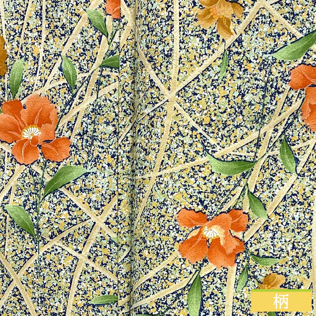 小紋 ポリエステル 身丈150.5cm 裄丈66cm 袷 紺瑠璃色(こんるりいろ) 型染 芝 草花 Sランク 紺系 1115005442118