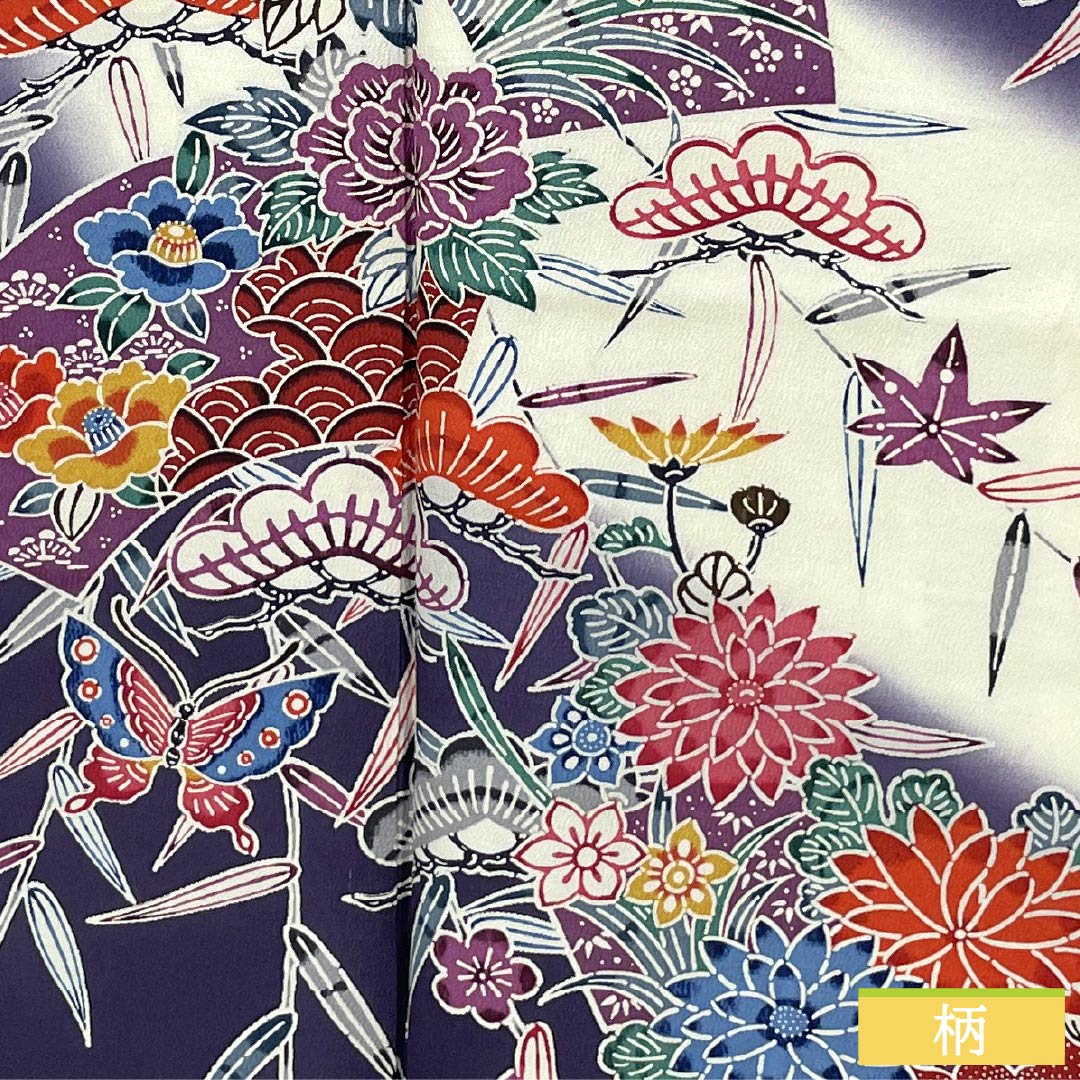 訪問着 正絹 Aランク 袷 身丈155.5cm 裄丈62cm 深紫色(ふかきむらさきいろ) 京紅型 松竹梅 蝶 扇面 菊 紫系 1112006403320