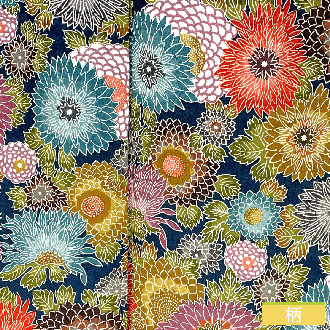 小紋 ポリエステル 身丈161.5cm 裄丈62cm 袷 青藍色(せいらんいろ) 洗える着物 菊 しつけ糸付き Sランク 紺系 1115004522418