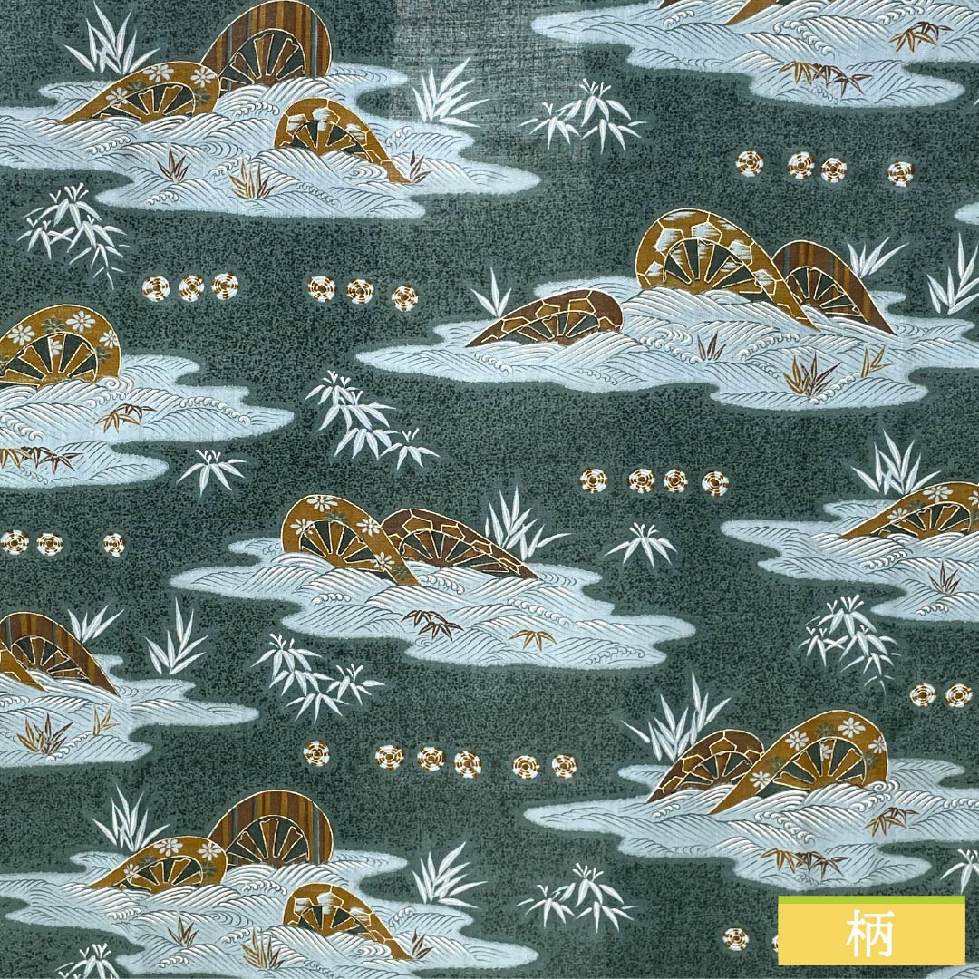 Men's wool nagajuban (long under-kimono), S-rank, length 140cm, sleeve length 67cm, iron-colored, with a bamboo grass and wave design, one-wheeled cart design, green, 1140000722419