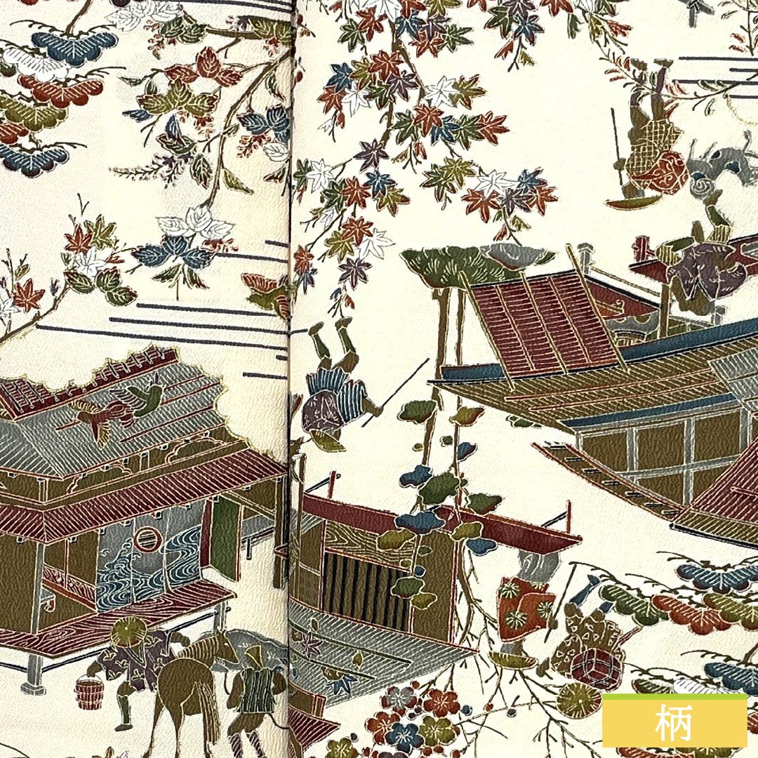 小紋 正絹 身丈156.5cm 裄丈62cm 袷 砥粉色(とのこいろ) 型染 時代絵巻 Bランク クリーム系 1115005054315