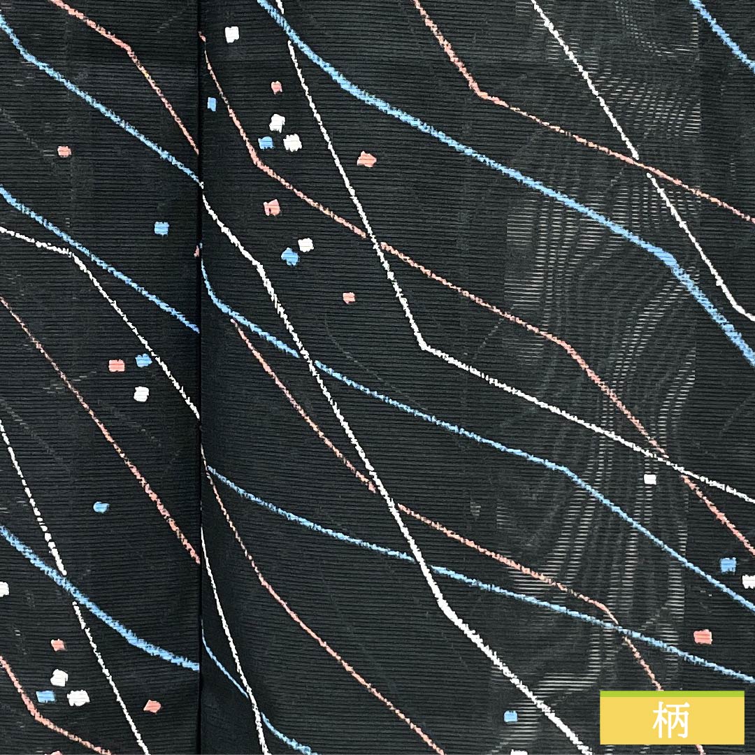 夏物 ポリエステル 小紋 身丈164.5cm 裄丈68cm 幾何学模様 洗える着物 絽 Sランク 黒系 1132002242410