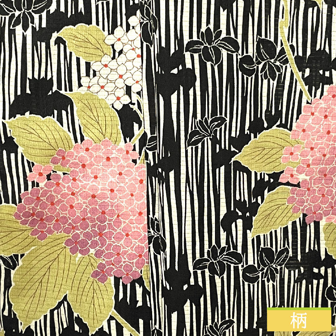 Summer kimono, polyester, small pattern, length 169.5cm, sleeve length 70cm, hydrangea, washable kimono, basting thread included, unused, silk, S rank, black, 1132001852510