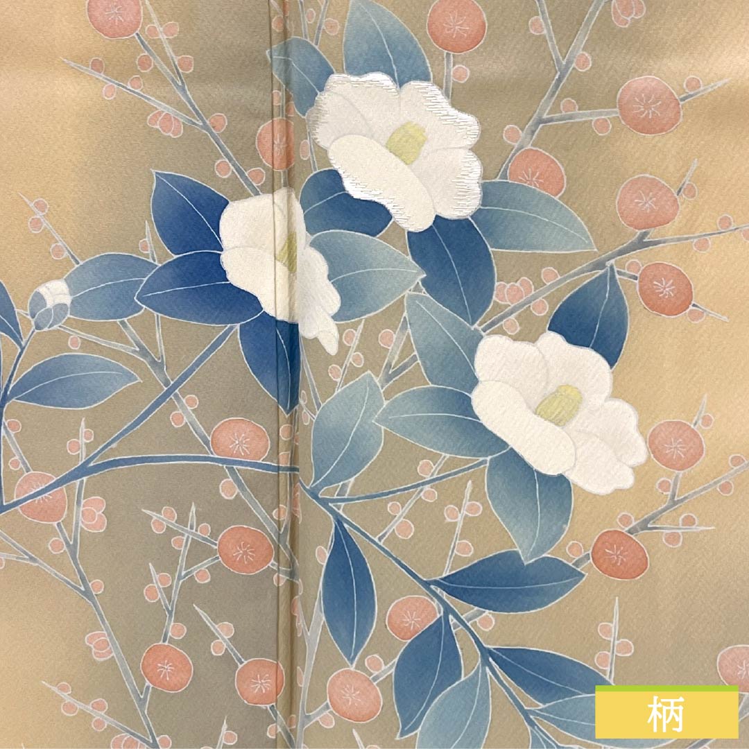 訪問着 正絹 Aランク 袷 身丈166.5cm 裄丈62.5cm 薄柿色(うすがきいろ) 京友禅 椿 橙系 1112006363526