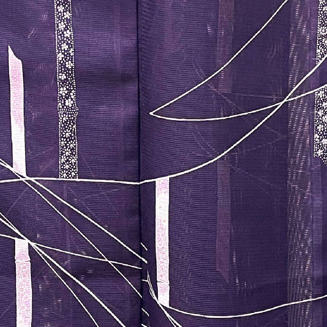 夏物 ポリエステル 小紋 身丈158.5cm 裄丈60.5cm 紫紺色(しこんいろ) 竹 しつけ糸付き 未使用品 絽 Sランク 紫系 1132000942320