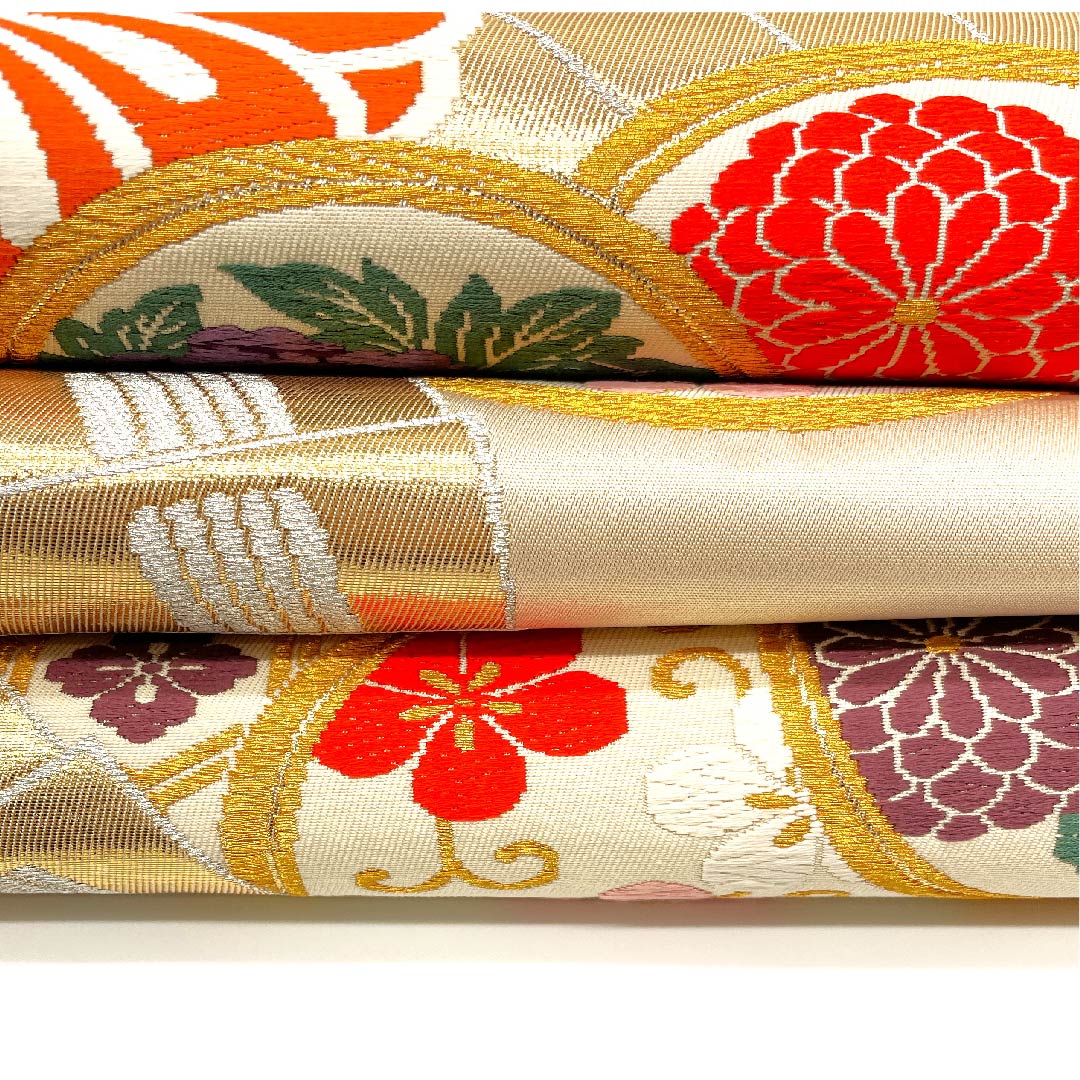 袋帯 生成り色(きなりいろ) 古典梅 吉祥文様 扇面 帯丈442cm 正絹 Sランク 六通 フォーマル クリーム系 1123002762315