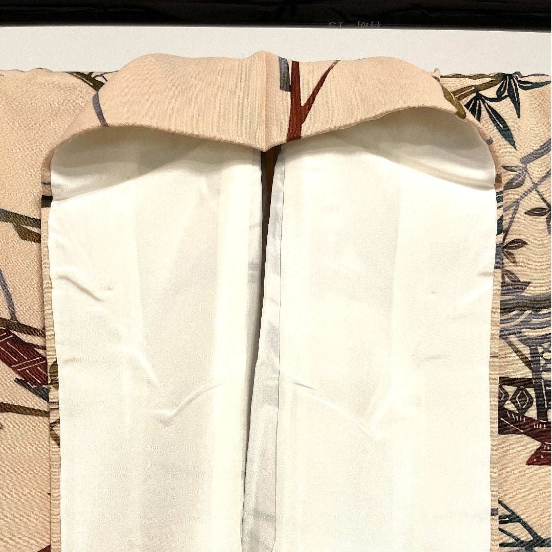 小紋 身丈165.5cm 裄丈66cm 袷 洗柿色 型染 風景模様 正絹 Aランク ピンク系 1115002093513