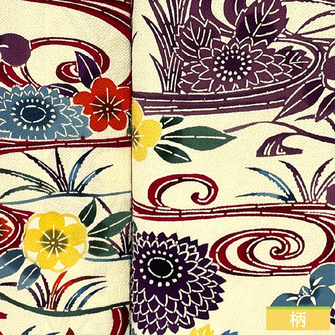 Homongi, pure silk, lined, length 159.5cm, sleeve length 64.5cm, light egg color, Kyoto Bingata, floral pattern, flowing water, B rank, cream color, 1112006064315