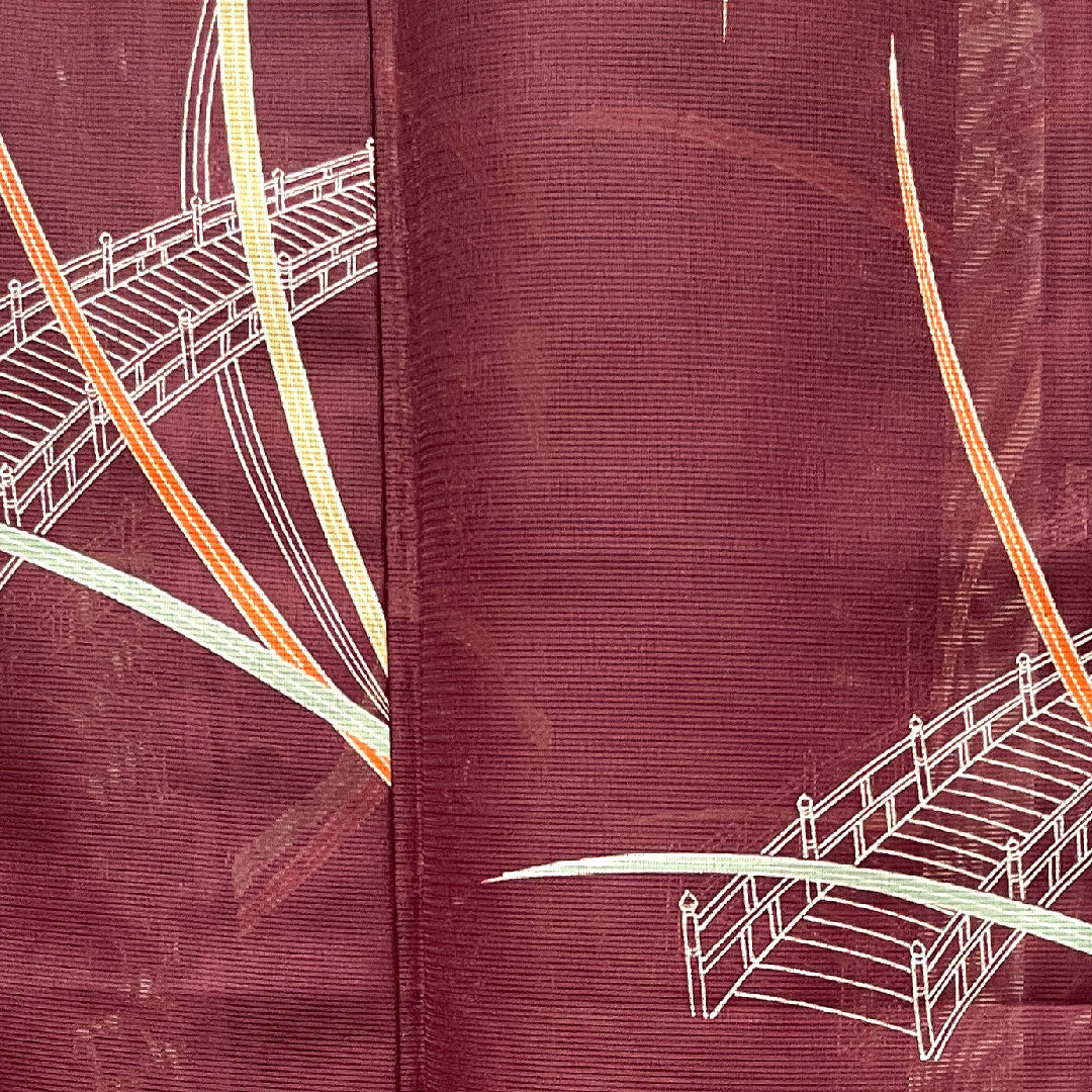 Summer kimono, polyester, small pattern, length 157cm, sleeve length 62cm, light purple, washable kimono, landscape pattern, basting thread included, silk, S rank, purple, 1132001702320