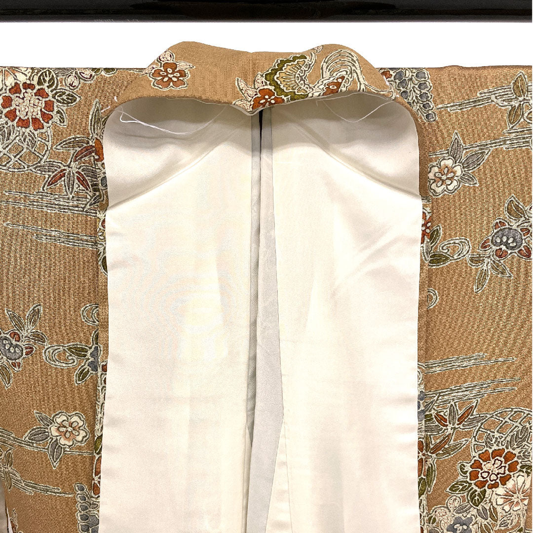 小紋 身丈154cm 裄丈61.5cm 袷 松竹梅 花籠 帛紗付き 正絹 Sランク 茶系 1115002042214