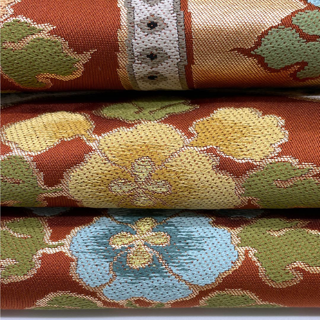 袋帯 猩々茶色(しょうじょうちゃいろ) 花模様 亀甲 白綾苑大庭 帯丈420cm 正絹 Aランク 六通 フォーマル 橙系 1123008893326