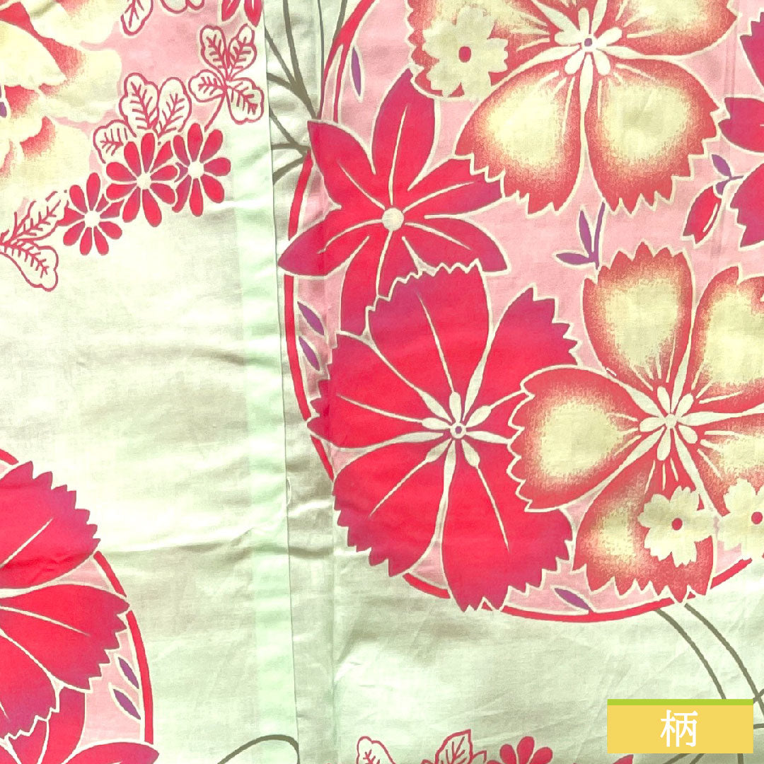 浴衣 木綿 身丈166.5cm 裄丈66cm Sランク 単衣 緑系 白緑色(びゃくろくいろ) 菊 撫子 1118004712519