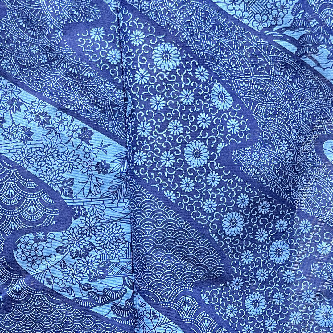 夏物 ポリエステル 小紋 身丈163cm 裄丈67cm 濃紺色(のうこんいろ) 流水 青海波 菊 絽 Aランク 紺系 1132001433418