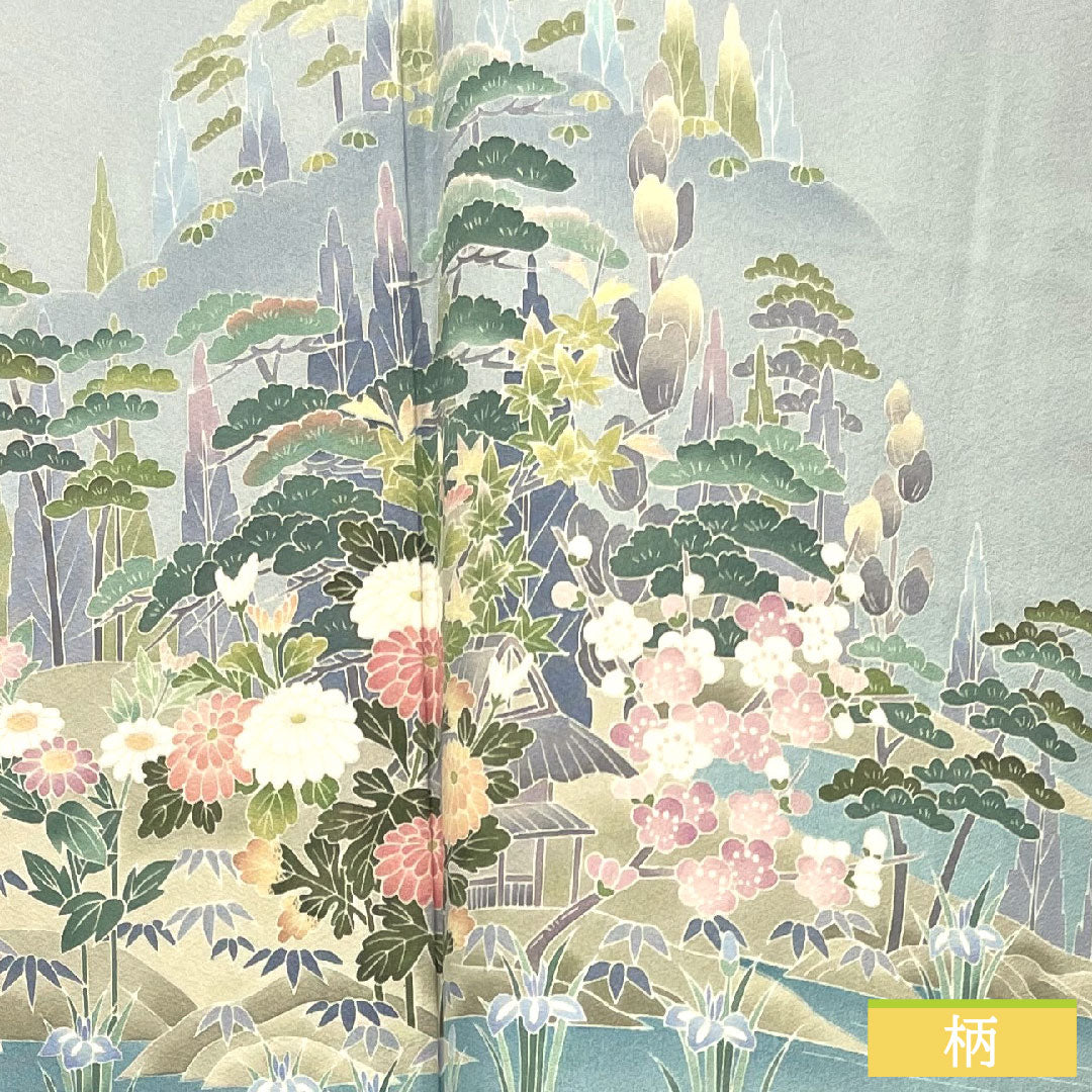 Homongi, pure silk, lined, length 151.5cm, sleeve length 63cm, blue-and-white porcelain, Kyo Kaga Yuzen, Kazuo Mineyama, auspicious pattern, S rank, light blue, 1112003812224