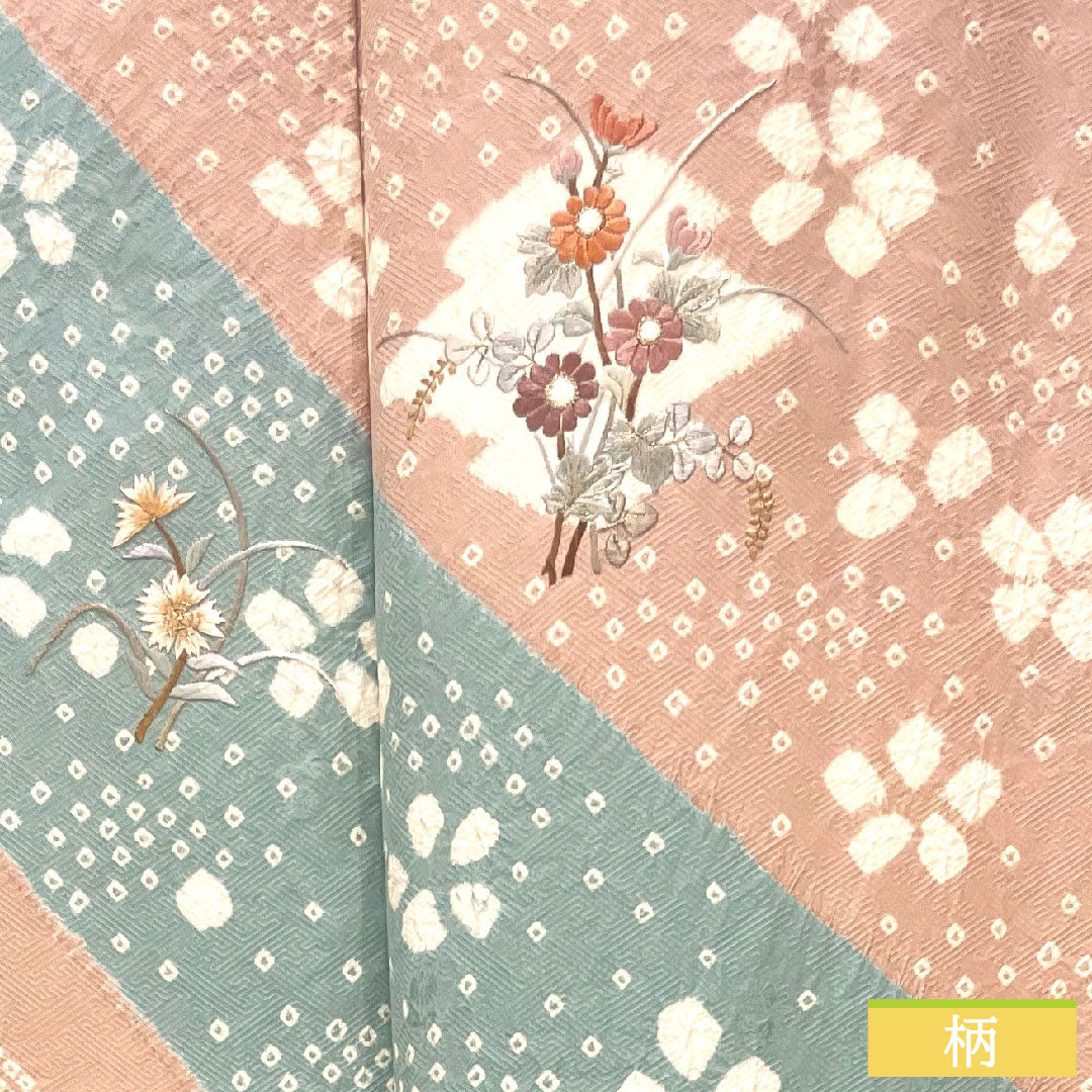 訪問着 正絹 袷 身丈159.5cm 裄丈65cm 退紅色 刺繡 部分絞り 花柄 Sランク ピンク系 1112003732313