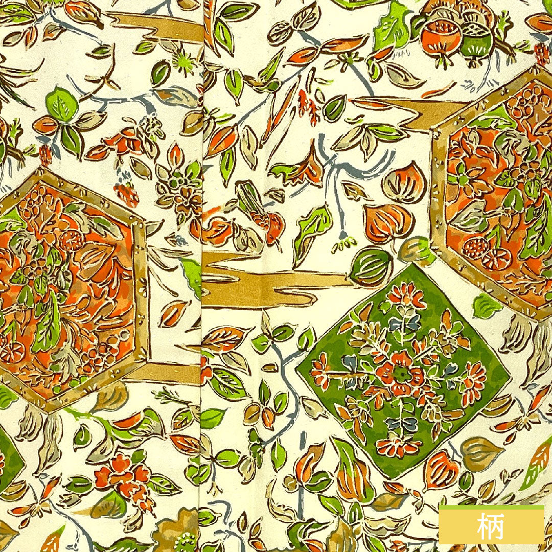 小紋 ポリエステル 身丈156cm 裄丈63cm 袷 乳白色(にゅうはくしょく) 更紗調 洗える着物 Aランク クリーム系 1115004503315