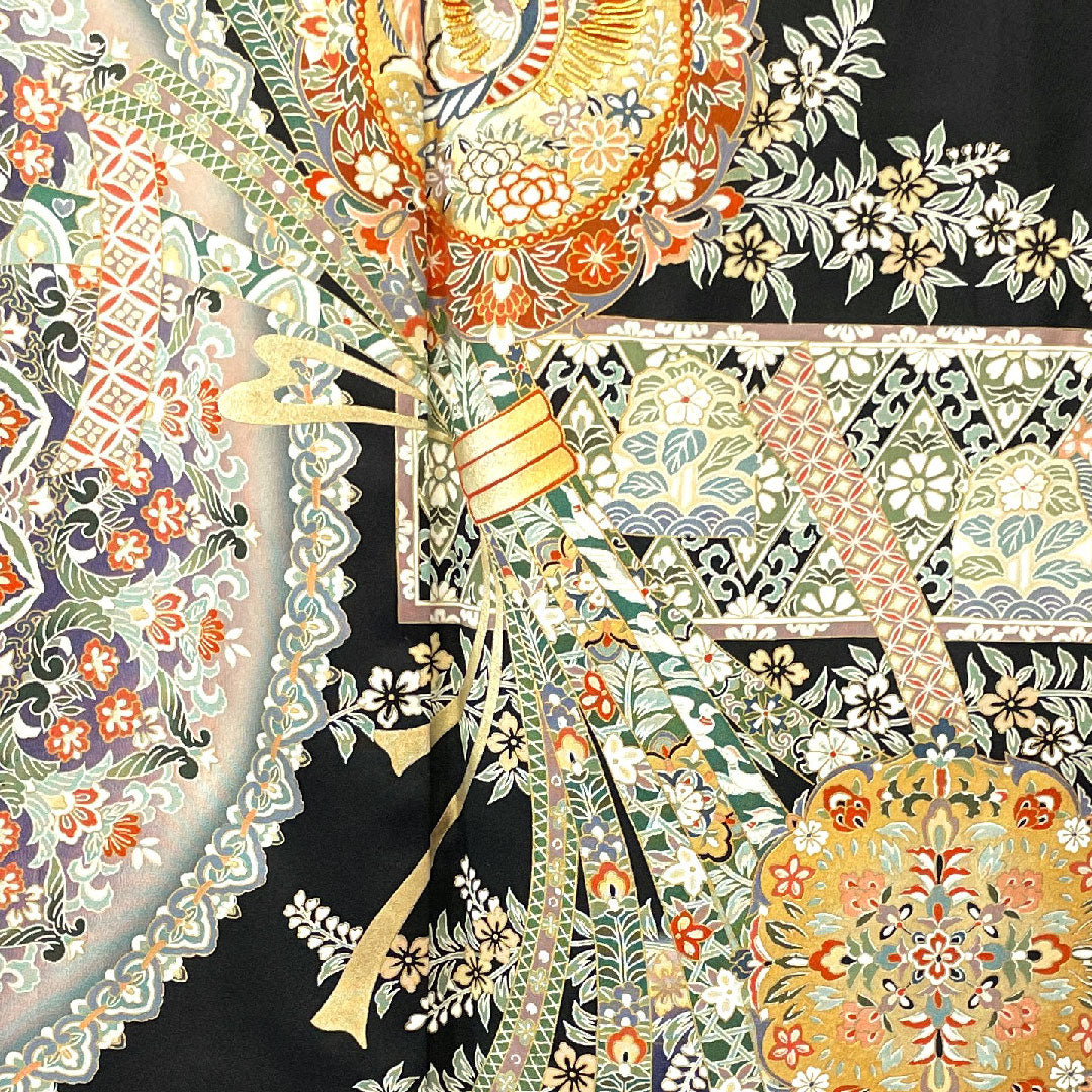 黒留袖 身丈166cm 裄丈65.5cm 袷 しつけ糸付き 未使用品 京友禅 華文 束ね熨斗 垂れ蔦 正絹 Sランク 五つ紋 黒系 1111001082510