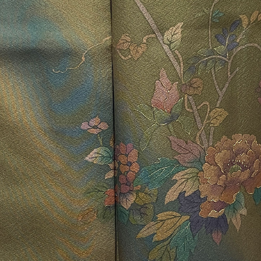 Homongi, pure silk, lined, length 157cm, sleeve length 64cm, yellow-black, floral pattern, A rank, green, 1112003023319