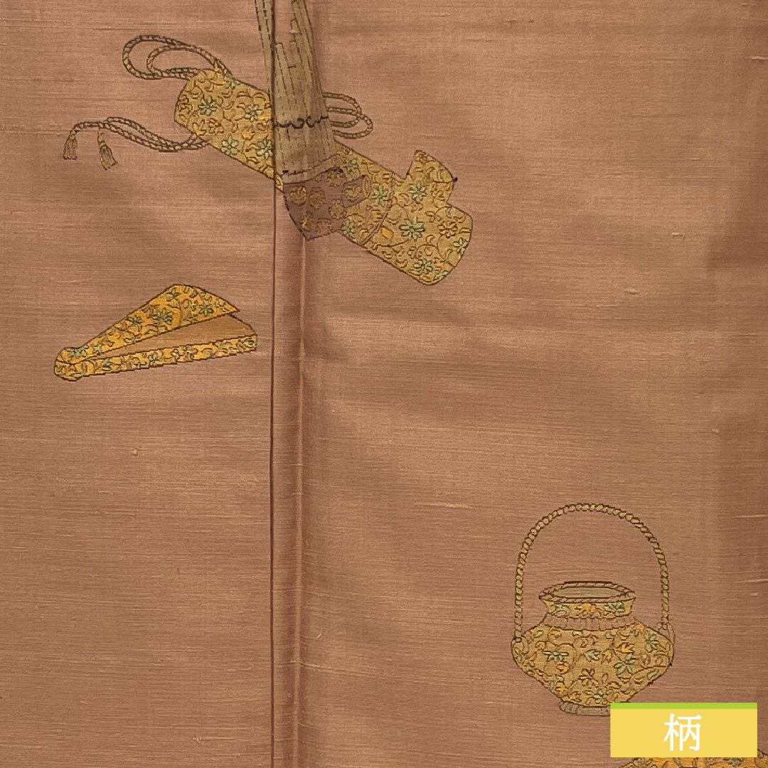 訪問着 正絹 袷 身丈162.5cm 裄丈62.5cm 帯紅色(たいこうしょく) 紬地 一つ紋 丸に角立四ツ目 付下げ Sランク 紫系 1112005572420