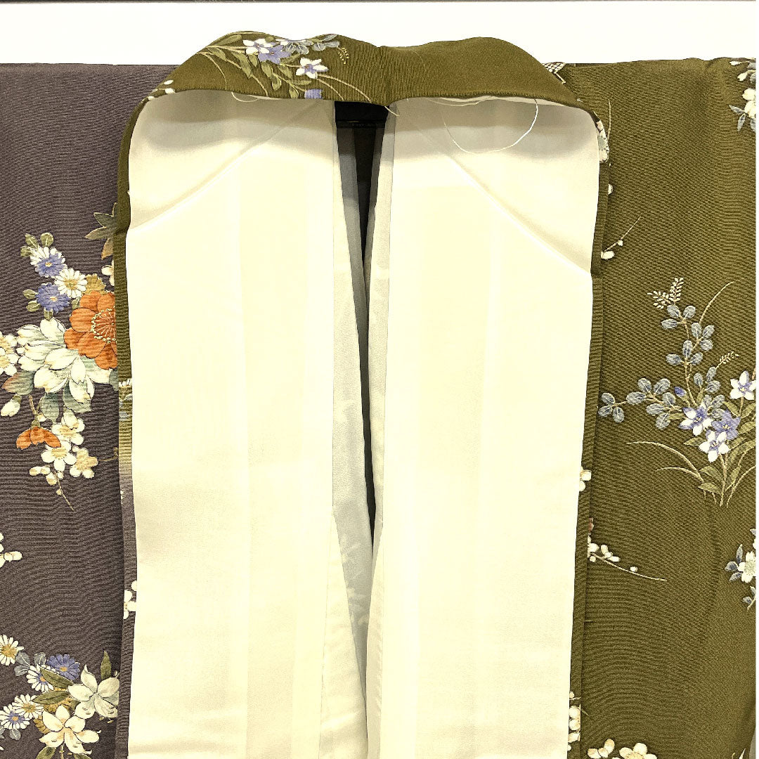 小紋 身丈164cm 裄丈67cm 袷 染め分け 草花模様 正絹 Sランク 緑系 1115001392419