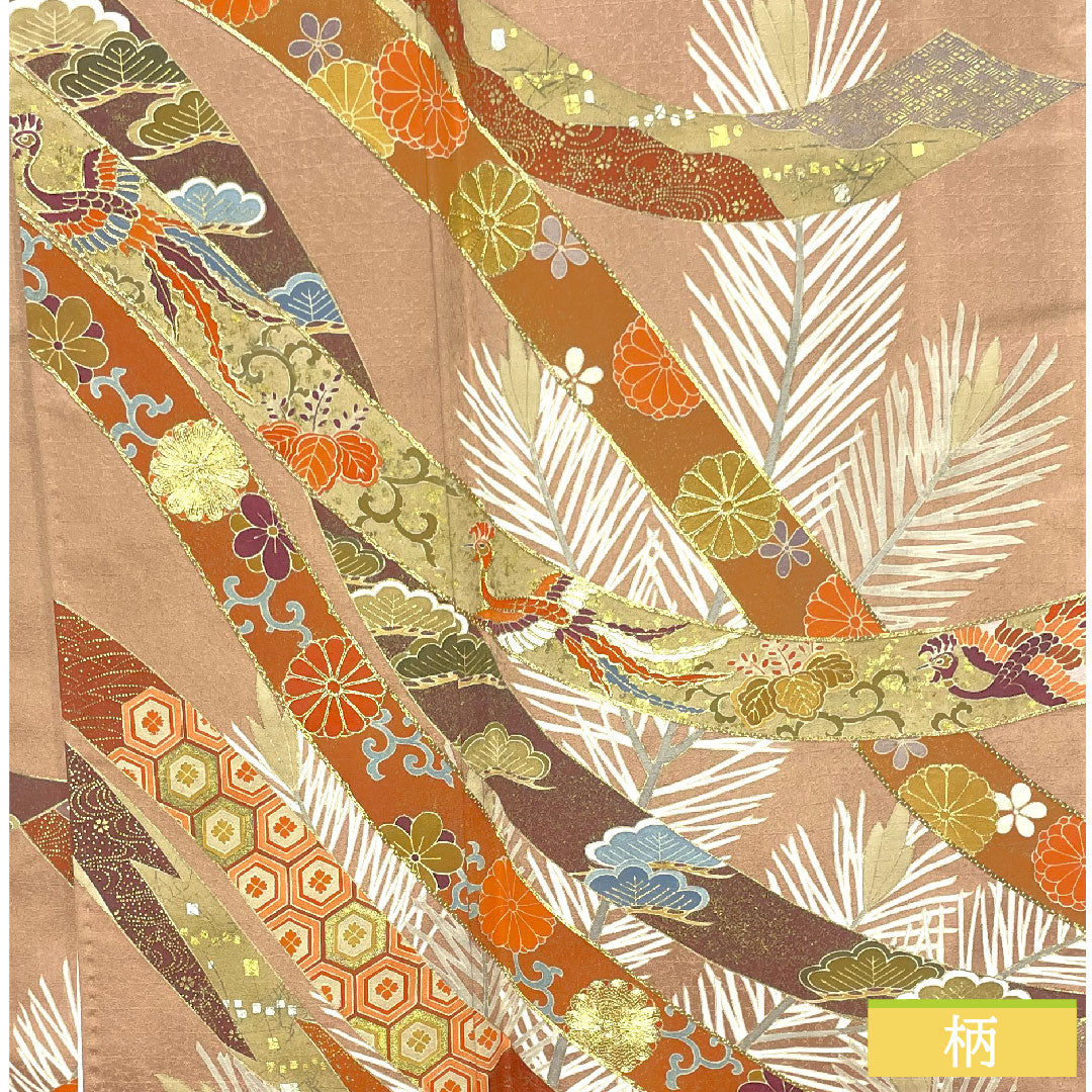 Colored Tomesode, pure silk, length 174cm, sleeve length 67cm, lined, Tokiasagi color, Kyoto Yuzen, hidden plaid, auspicious motif, five crests, downward wisteria, S rank, brown, 1111001412614