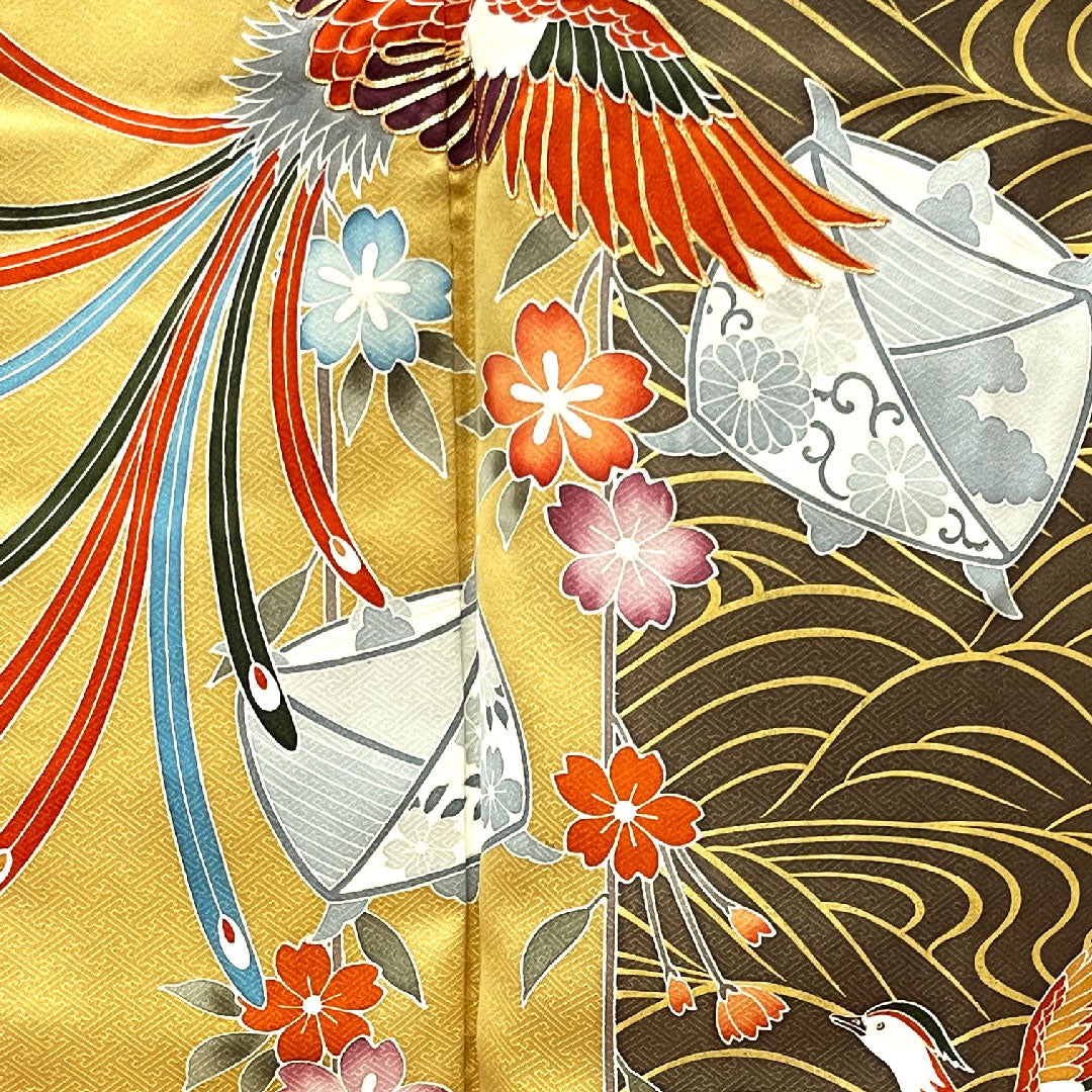 Long-sleeved kimono, length 157.5cm, sleeve length 65cm, lined, dark brown, Kyoto Yuzen, phoenix, thread wrapping, waves, pure silk, A rank, brown, 1113001543314