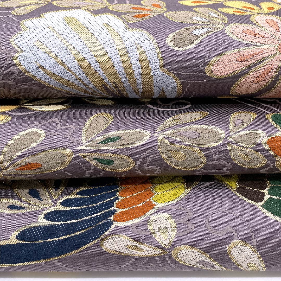 袋帯 浅滅紫色(あさきけしむらさきいろ) 振袖用 白綾苑大庭 鳥 花 帯丈427cm 正絹 Sランク 六通 フォーマル 紫系 1123009482320