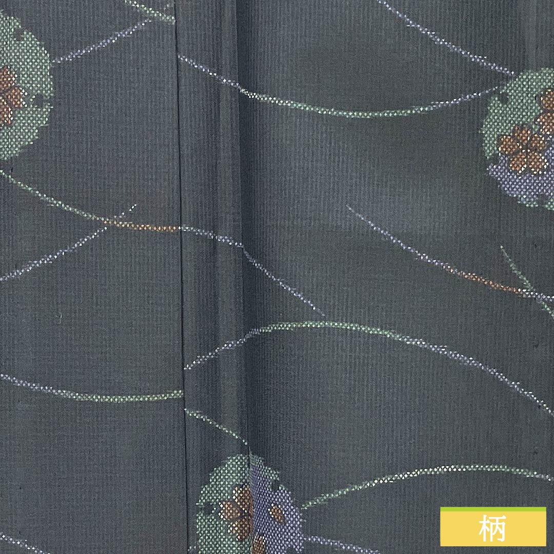 夏物 ポリエステル 小紋 身丈156cm 裄丈65cm 雪輪 露芝 洗える着物 紗 Sランク 黒系 1132001912310