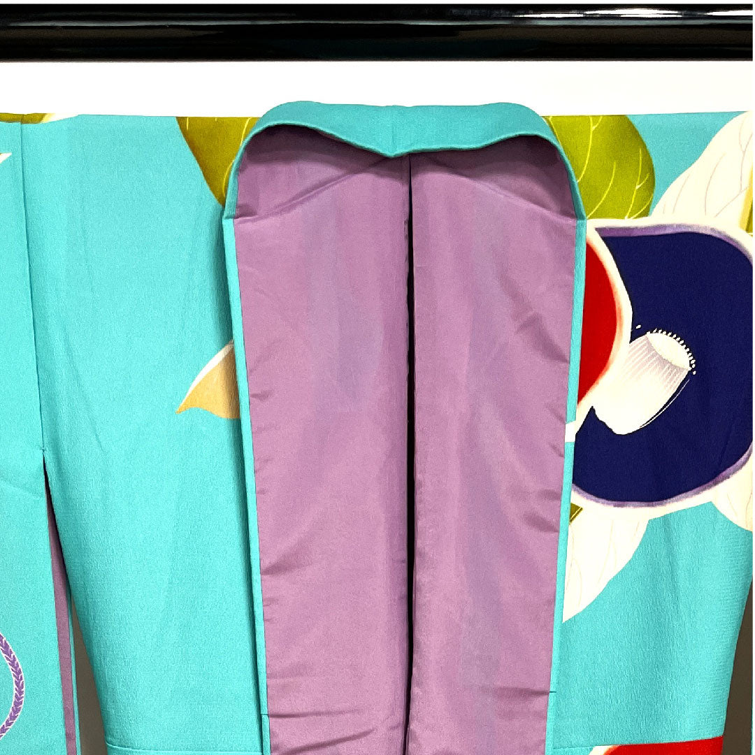 Long-sleeved kimono, length 176cm, sleeve length 70cm, lined, floral greenish blue, washable kimono, camellia, poly, S rank, blue, 1113001402817