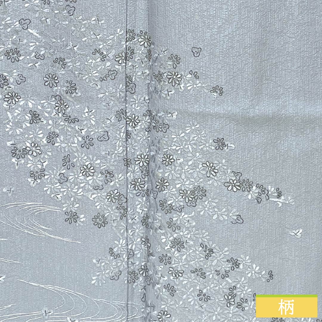 訪問着 正絹 Bランク 袷 身丈168cm 裄丈62cm 白銅色(はくどういろ) 蘇州刺繡 草花 流水 しつけ糸付き グレー系 1112007524522