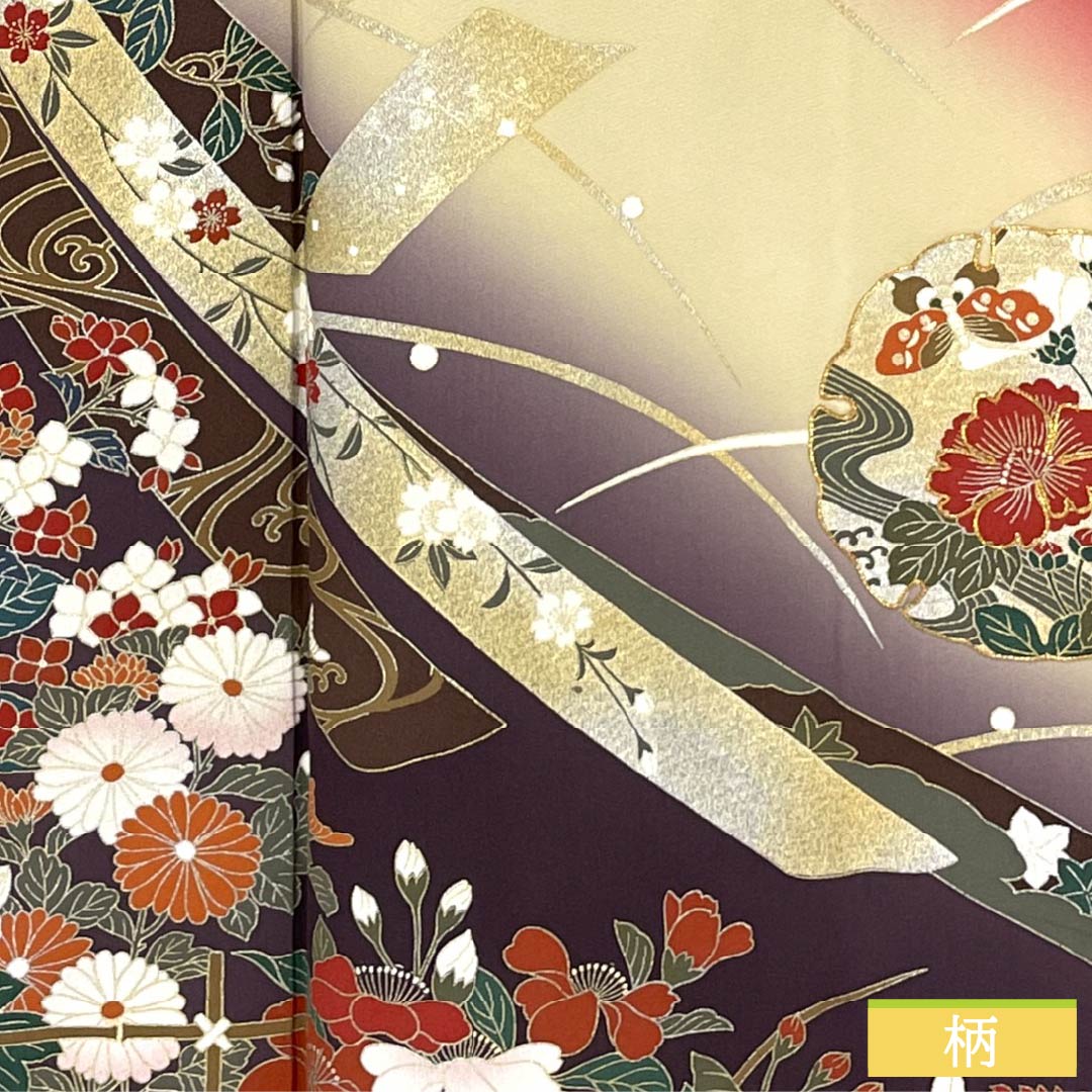 Furisode Kimono (Sleeve Kimono) - Pure Silk, S-Rank, Length 164.5cm, Sleeve Length 65.5cm, Lined, Deep Red, Kyoto Yuzen Pattern, Snow Circles, Dew Grass, Flowers, Red, Item Number: 1113002752412