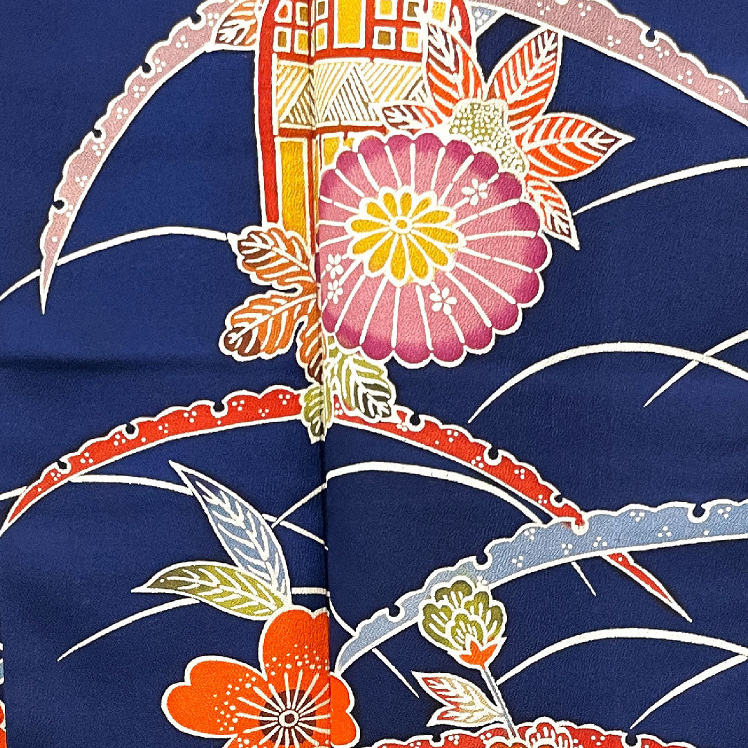 小紋 身丈156.5cm 裄丈62cm 袷 紺藍色 京紅型 菊 露芝 正絹 Sランク 紺系 1115003382318