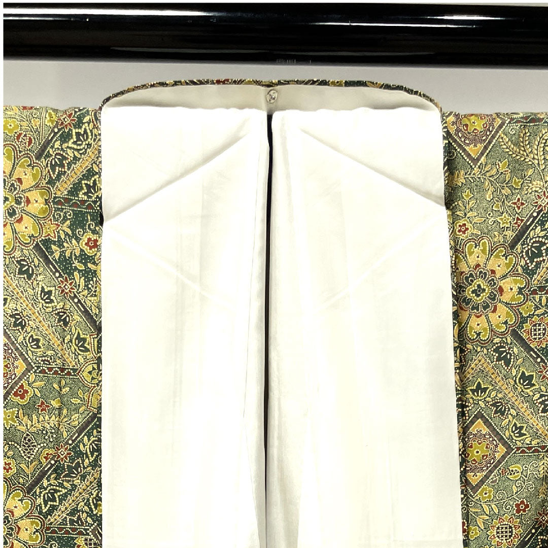 小紋 身丈162cm 裄丈65.5cm 袷 黒木賊色 更紗模様 正絹 Aランク 緑系 1115002703419