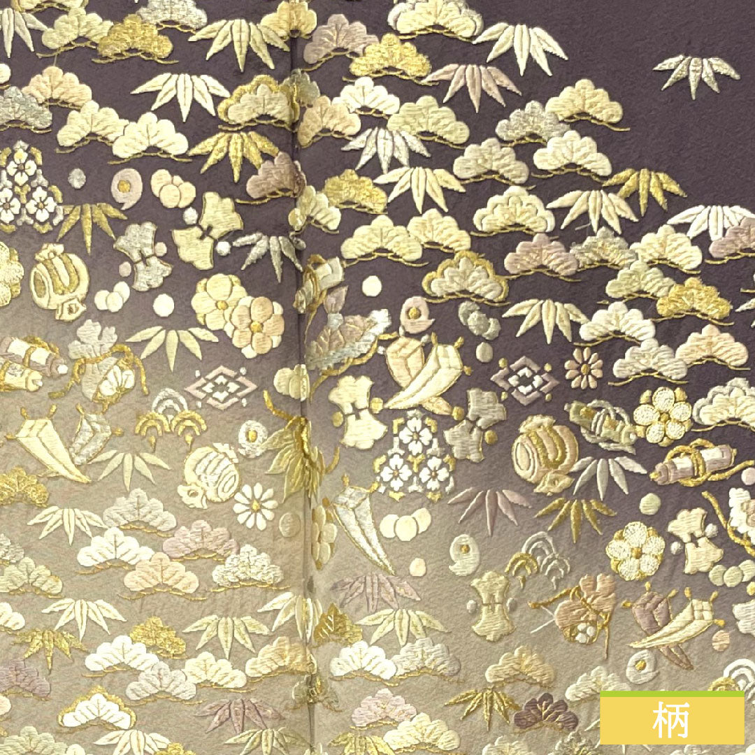 彩色留袖 纯丝 长度159.5cm 袖长66cm 里衬 紫色苏绣 吉祥图案 珍珠色调 A级 紫色 1111001303320