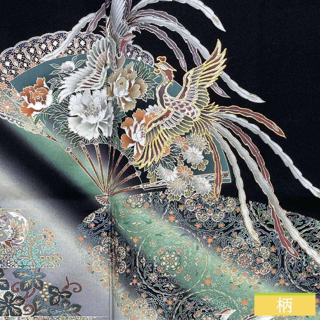 Black Tomesode Kimono, Pure Silk, Grade A, Length 156cm, Sleeve Length 64cm, Lined, Kyoto Yuzen, Five Crests, Gosan Paulownia, Phoenix, Fan Design, Five Crests, Black, Item Number 1111002093310
