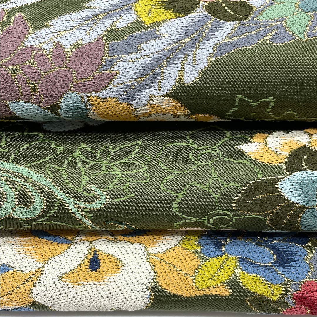 (未仕立)袋帯 松葉鼠色(まつばねずいろ) 白綾苑大庭 尾長鳥 蝶 花模様 帯丈431cm 正絹 Sランク 六通 セミフォーマル 緑系 1123008602319