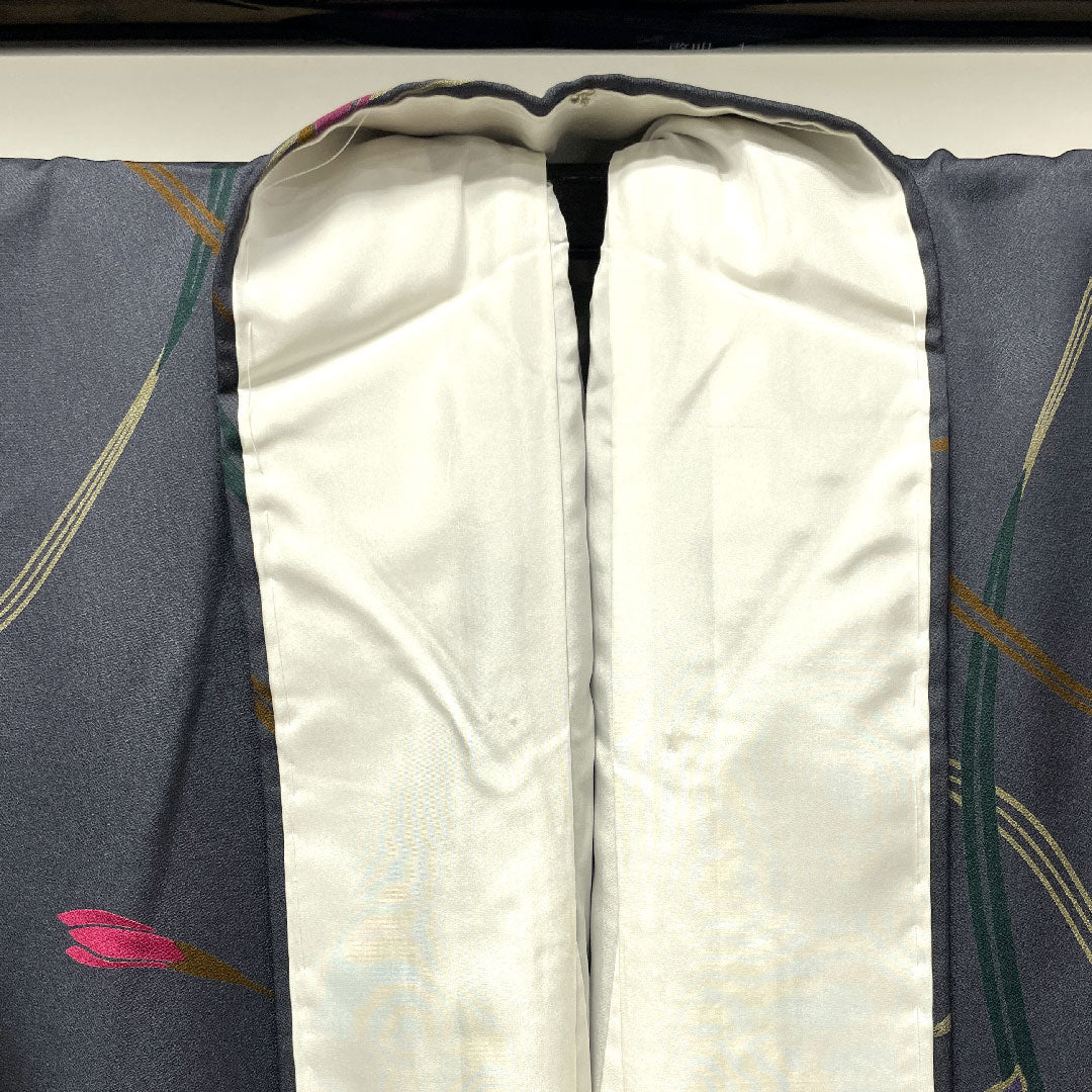 小紋 身丈158.5cm 裄丈64cm 袷 鋼色 しつけ糸付き 未使用品 手描き 京友禅 草花模様 正絹 Sランク グレー系 1115002902322