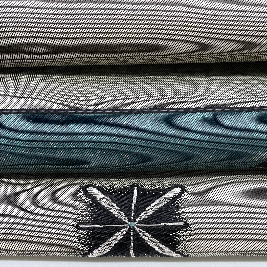 袋帯 深藍色(ふかきあいいろ) 市松模様 星 波 帯丈427cm 正絹 Aランク 六通 セミフォーマル 緑系 1123009003319