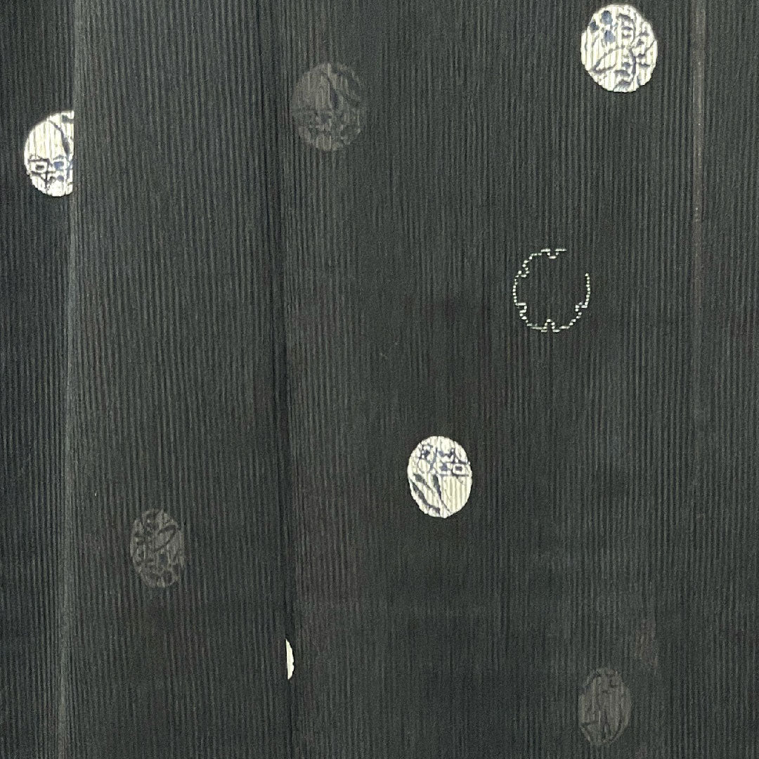 夏物 ポリエステル 小紋 身丈153.5cm 裄丈62.5cm 洗える着物 竪絽(たてろ) 雪輪 草花模様 絽 Sランク 黒系 1132000432210