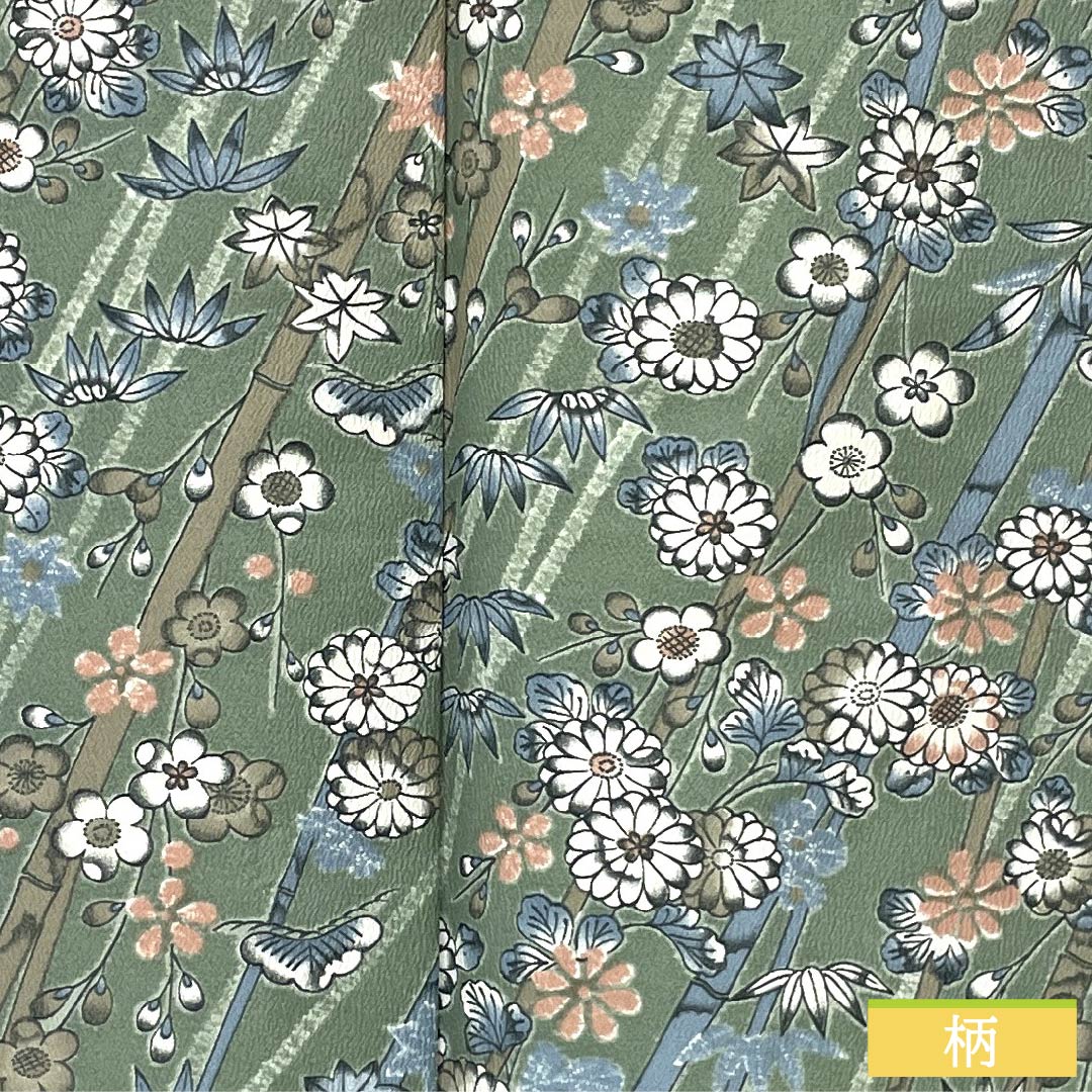 Polyester Komon, S Rank, Length 160cm, Yuki 62cm, Unlined, Ash Green, Stencil-dyed, Pine, Bamboo, Plum, Small Flowers, Washable Kimono, Green Tones, 1115007792419