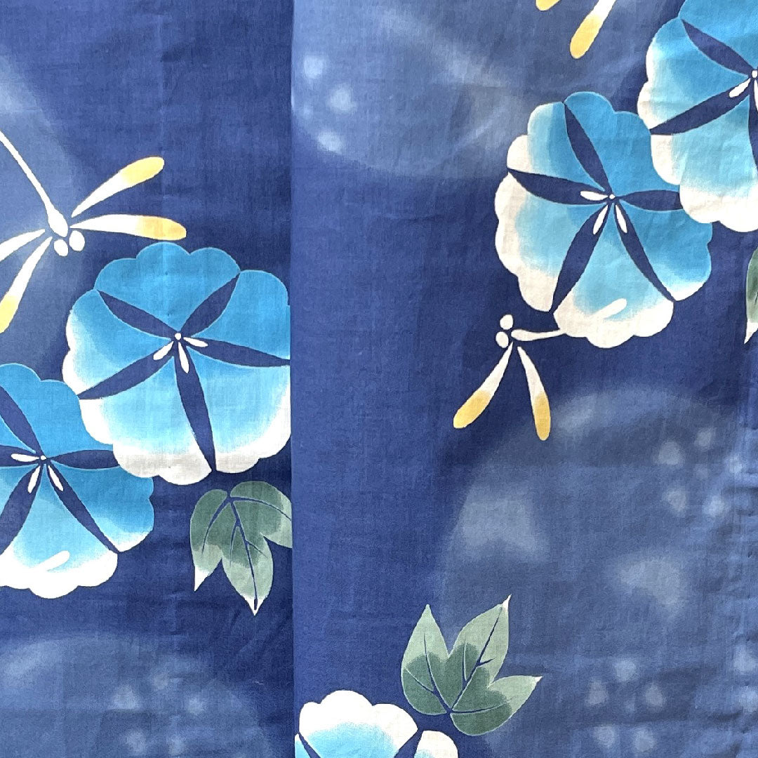 浴衣 しつけ糸付き 未使用品 紺瑠璃色 トンボ 朝顔 木綿 Sランク 単衣 身丈163.5cm 裄丈67.5cm 紺系 1118002202418