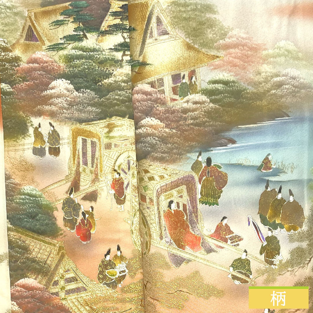 彩色留袖、纯丝、长度 159.5 厘米、袖长 63 厘米、衬里、赤橙色、京友禅、历史人物和风景、一个徽章、刀剑和片刃、S 级、橙色、1111001422326