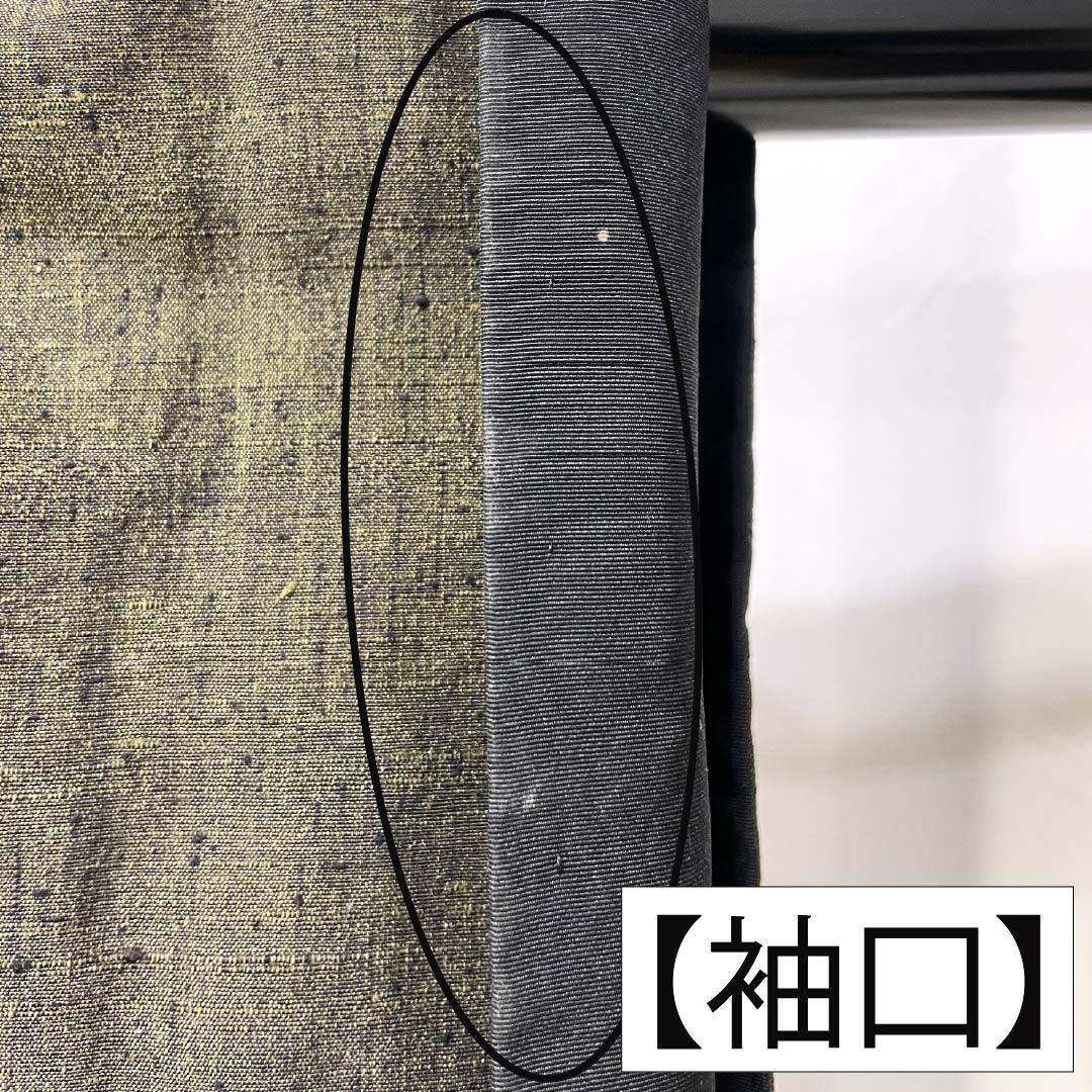 男物 正絹 Aランク 身丈141.5cm 裄丈70cm 黄黒色(きぐろいろ) 紬地 無地 袷 緑系 1119002053419