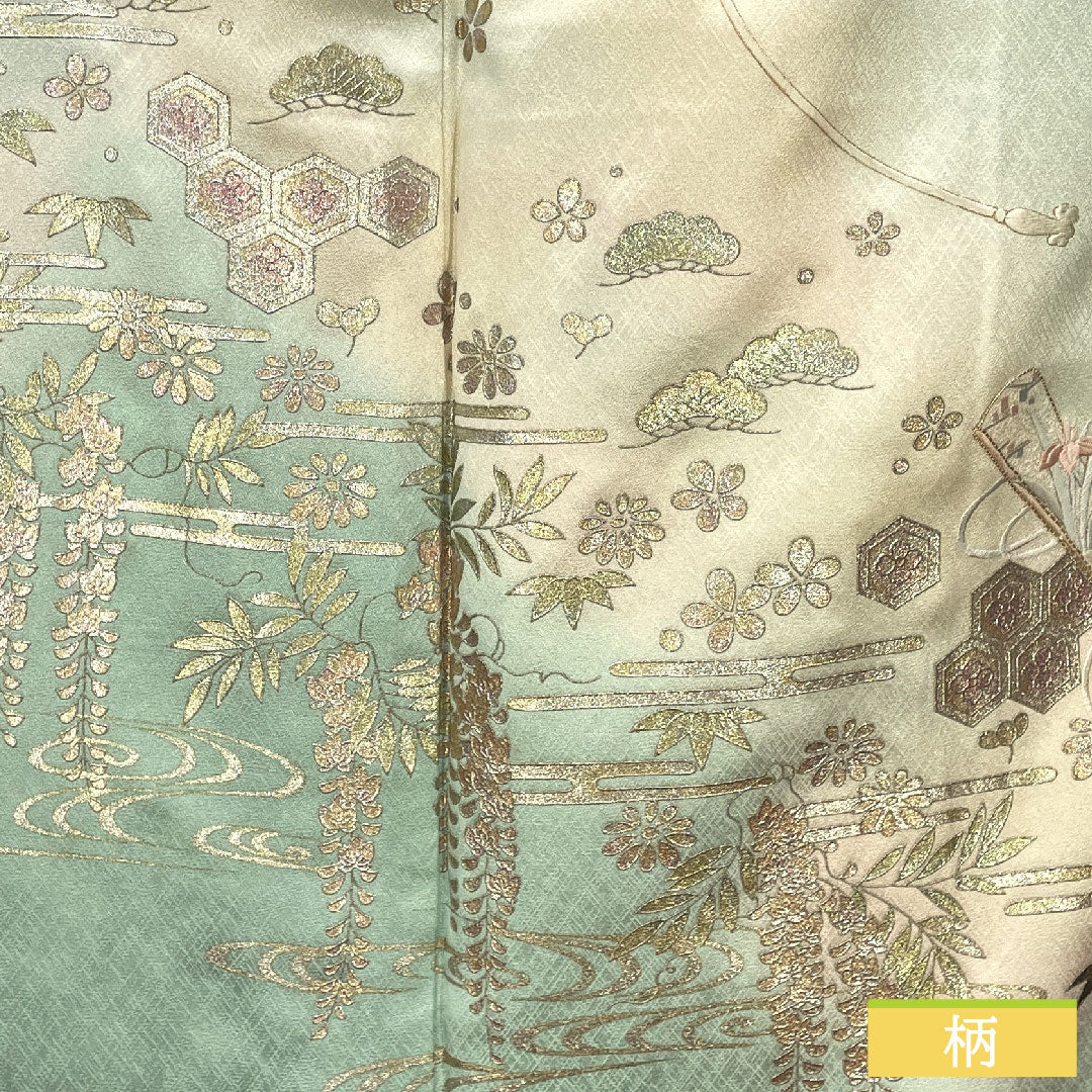 訪問着 正絹 袷 身丈155.5cm 裄丈63.5cm 白緑色(びゃくろくいろ) 金彩友禅 松 藤 貝桶 Sランク 緑系 1112004902319