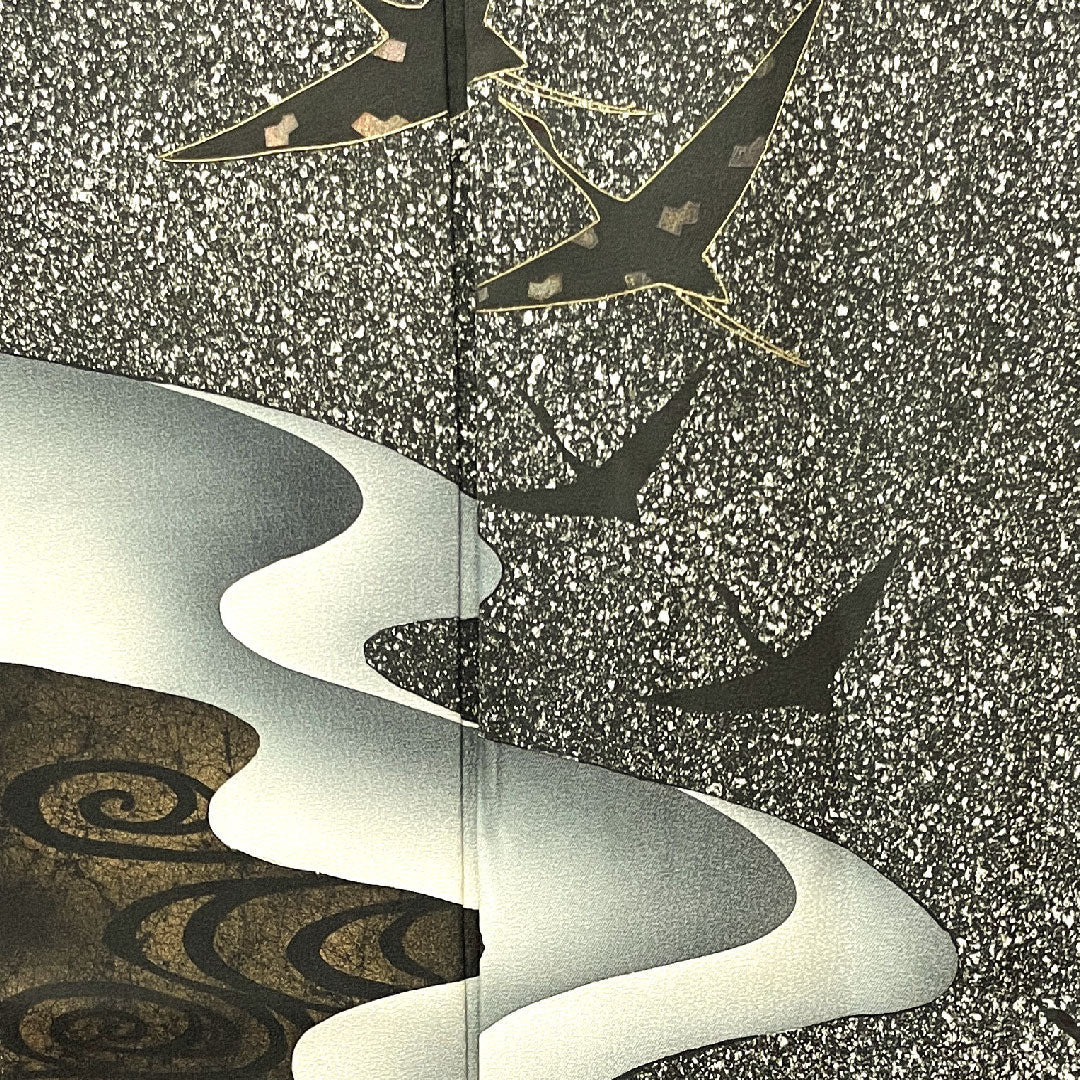 訪問着 袷 身丈165cm 裄丈65cm タタキ染 鶴 五三桐 正絹 Sランク 黒系 1112002592510